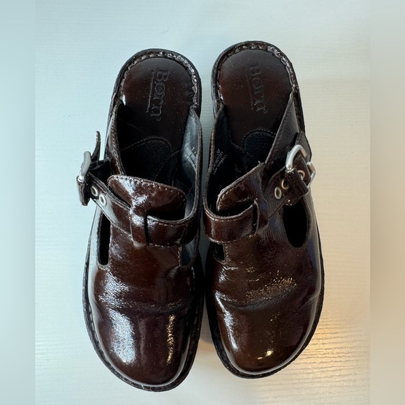 Born Della Women's Patent Leather Brown Mules Clogs T-Strap Buckle New Boho - Picture 8 of 9